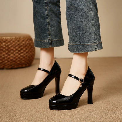 Women's classic round-toe platform heels with thick soles for 2026 summer featuring smooth leather texture Sizes available:35-42