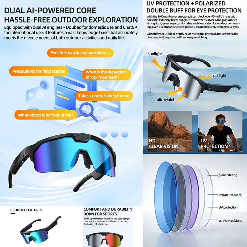 2026 Cycling Glasses with 800W HD Camera UV Protection Voice Assistant AI Translation Bluetooth Wireless Calling Cycling Glasses