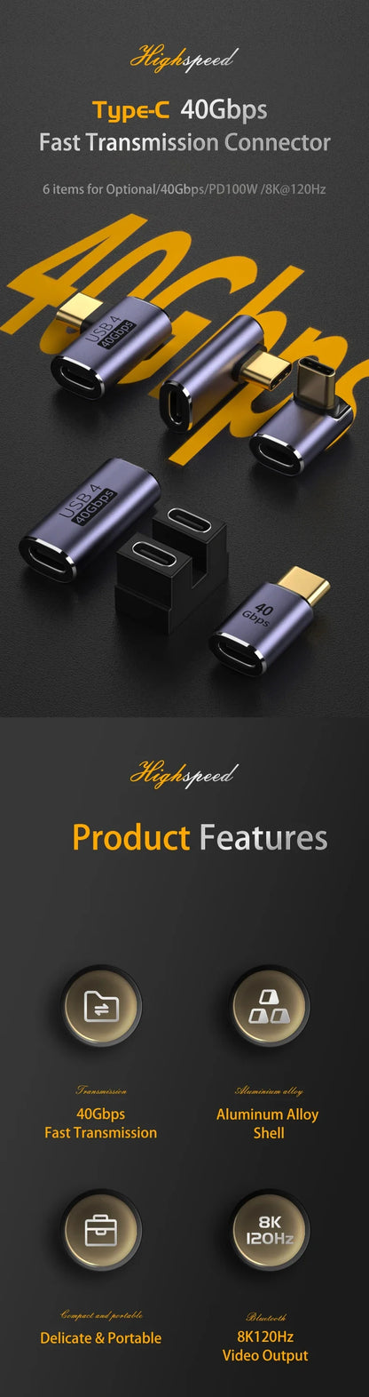 Złącze ładowarki USB 4.0 PD 100W 8K 60Hz do Macbooka 40Gbps Szybki adapter USB-C OTG U-kształtny prosty kąt męski na żeński
