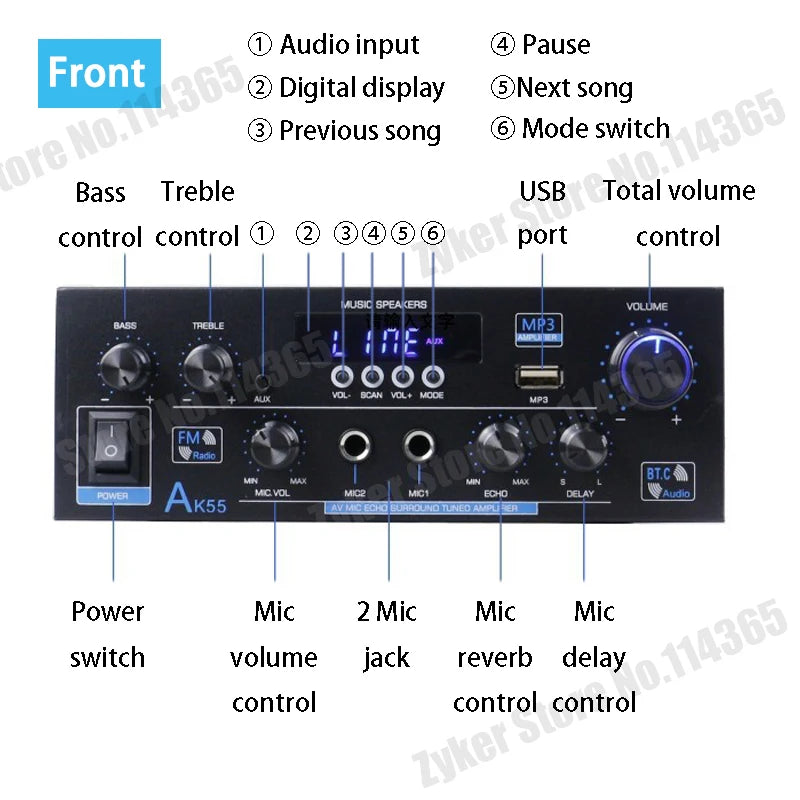AK55/AK45/AK35 Bluetooth Digital Amplifiers 2 Channel HiFi Stereo Sound Amplifier for Home Car Karaoke FM USB AMP Remote Control