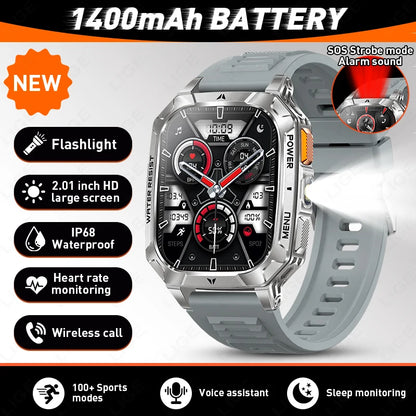 LIGE Military 1400mAh Smart Watch For Men 2.01" HD Screen Waterproof 100+Sports Mode LED Flashlight Smartwatch For Android iOS