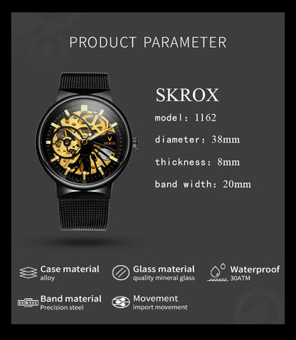SKROX Luxury Brands Fashion Man Wrist Watches Steel Skeleton Ultra Thin Mechancical Clock Mesh Strap Waterproof Manual Movement