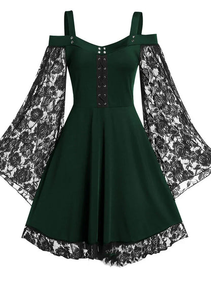 2022 New Gothic One-shoulder Lace Stitching Flared Sleeve Dress Literary Vintage Autumn Grunge Black A-line Dress Punk Partywear