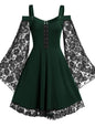 2022 New Gothic One-shoulder Lace Stitching Flared Sleeve Dress Literary Vintage Autumn Grunge Black A-line Dress Punk Partywear