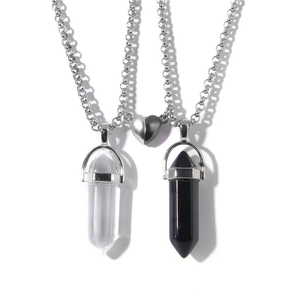2Pcs/Set Luminous Hexagonal Column Heart Pendant Couple Magnetic Necklace Natural Stone Geometric Pendant Necklace Jewelry Gifts