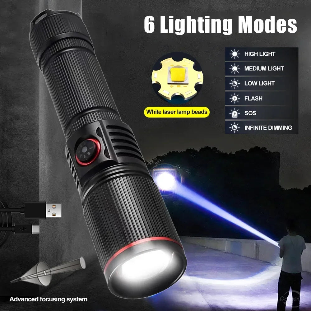Aluminum Alloy White Laser Powerful LEP Flashlight 18650 or 21700 Battery Zoom Torch Light Lamp with Tail Rope Power Indicator