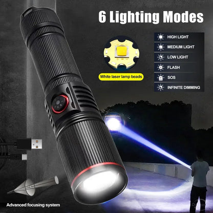 Aluminum Alloy White Laser Powerful LEP Flashlight 18650 or 21700 Battery Zoom Torch Light Lamp with Tail Rope Power Indicator