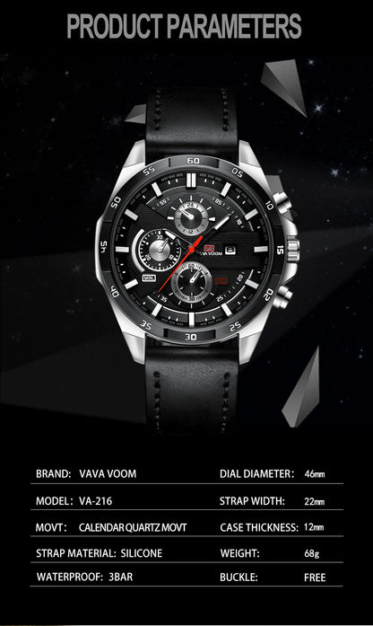 Man Sports Watches Fashion Racing Series 46mm Black Leather Clock VA VA VOOM Quartz Movement 3Bar Waterproof Wrist Watch for Men