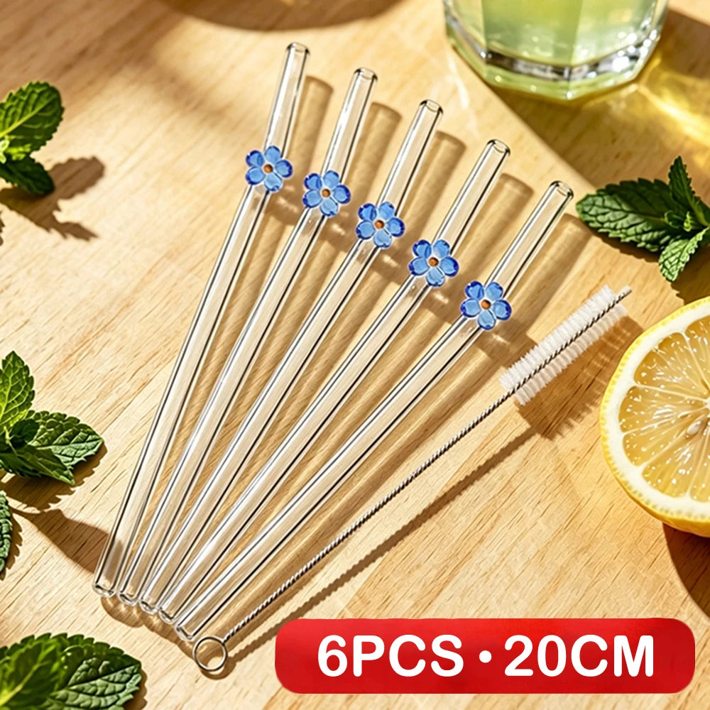 6PCS Reusable Drinking Straws Cute Flower Glass Straws with Cleaning Brush for Coffee Lover Smoothies Frozen Drinks Tea Juice