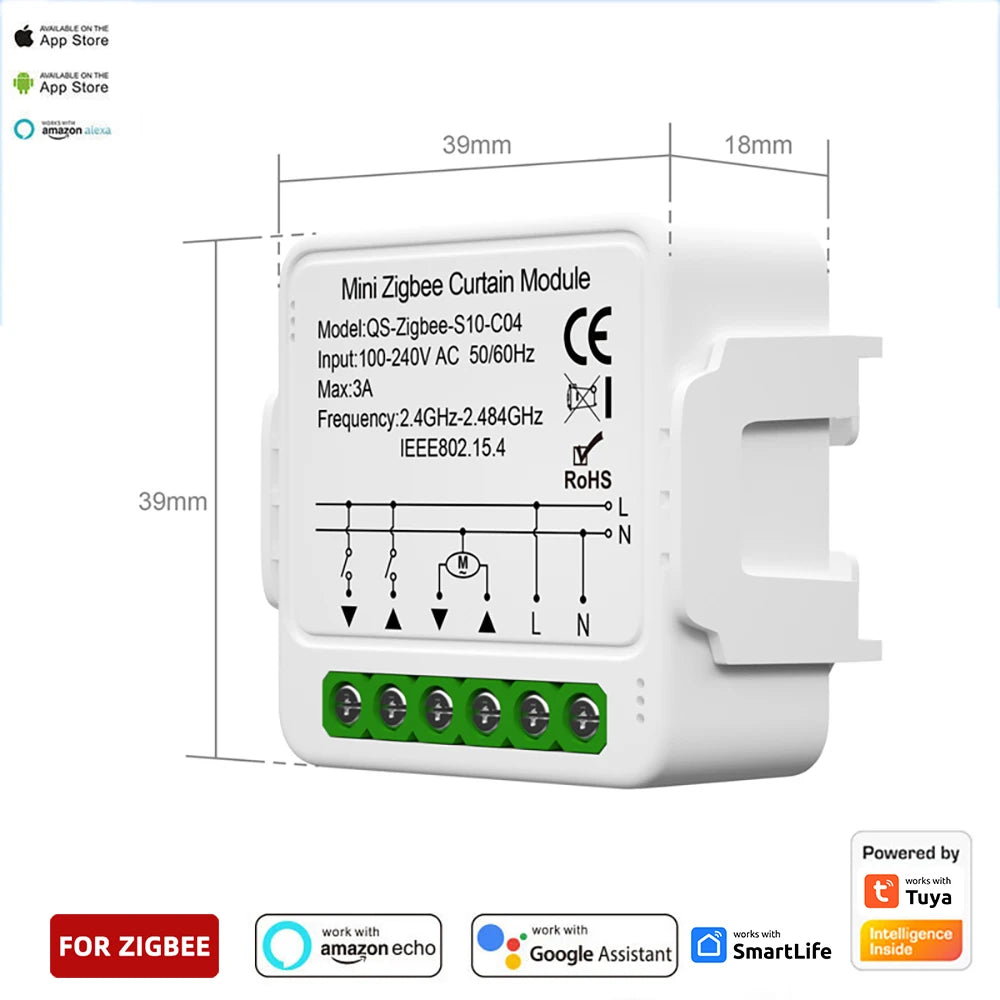 Tuya ZigBee/WiFi Smart Curtain Switch Mini Module For Roller Shutter Blinds Motor QS-S10-C04/ECC02 Switches Support Alexa Google