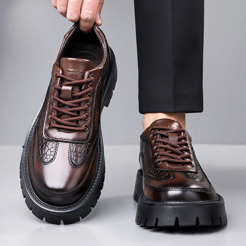 Retro Brown Men's Banquet Leather Shoes Thick Soled Wear-resistant Work Shoes2025 Classic Brand Men's Business Dress Shoes