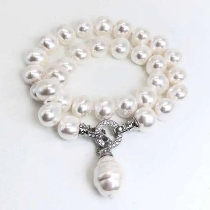 Luxury style Cultured 12-15m White Potato Freshwater Pearl Necklace Cz Pave Shell Pearl Pendant Weddding