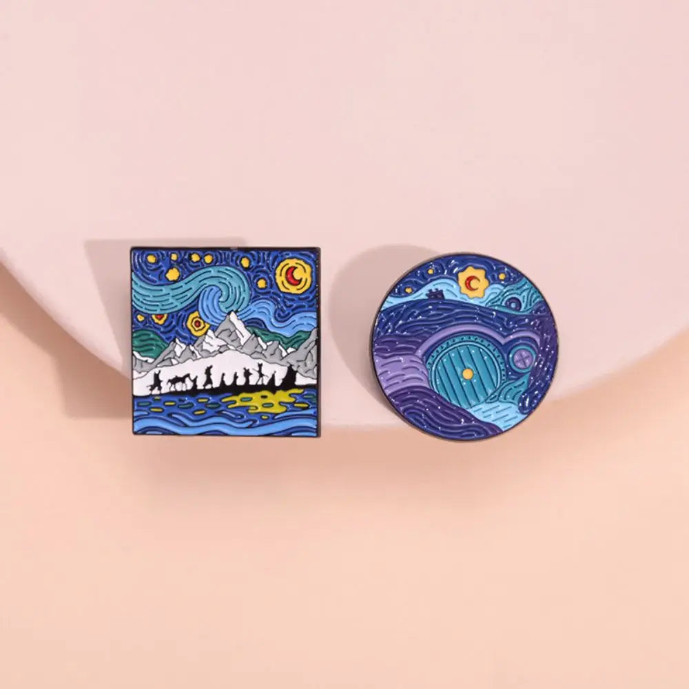 Blue Night Sky Oil Painting Enamel Pins Creative Cartoon Landscape Brooch Lapel Badges Animal Jewelry Gift for Friends