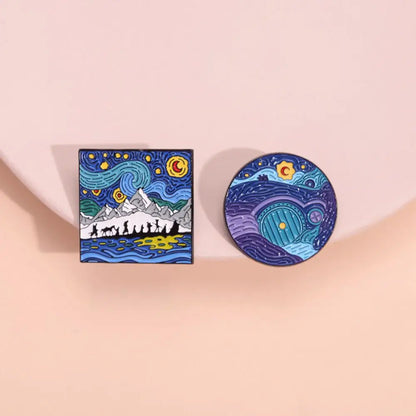 Blue Night Sky Oil Painting Enamel Pins Creative Cartoon Landscape Brooch Lapel Badges Animal Jewelry Gift for Friends