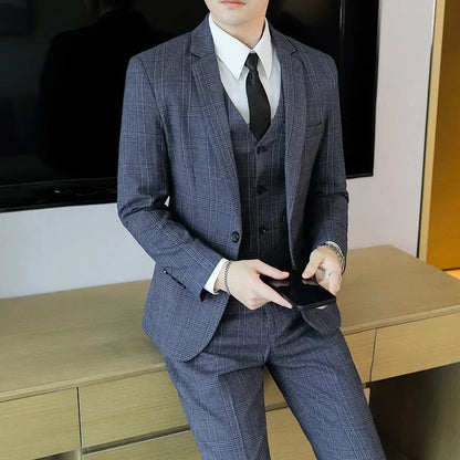 Hemp (blazer+Vest+Pants) Fashion Business Leisure Hosts Slim-fit Cotton Hemp Gentleman Wedding Work Wedding Suits for Men M-5XL