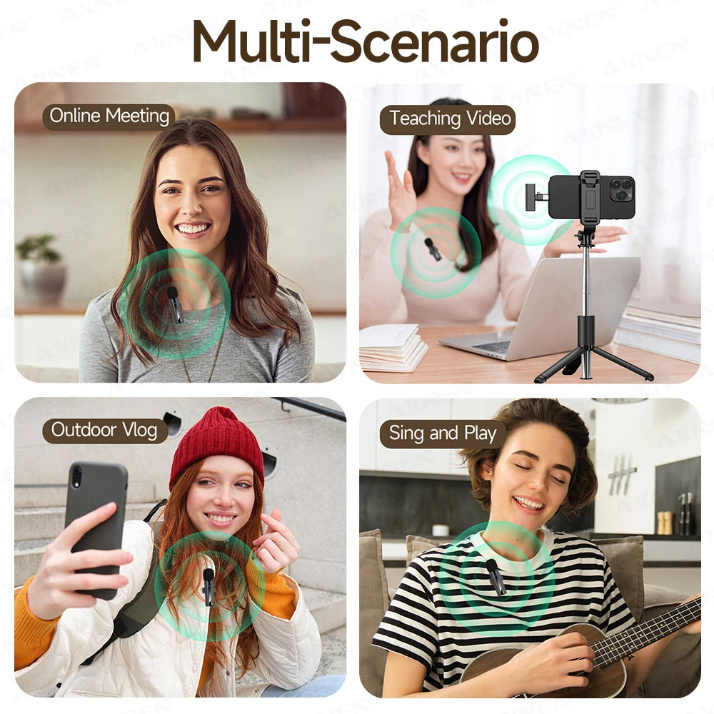 2-in-1 Wireless Lavalier Microphone for iPhone Android, Mini Pro Lapel Mic with Noise Reduction & Pickup for Vlog Live Recording