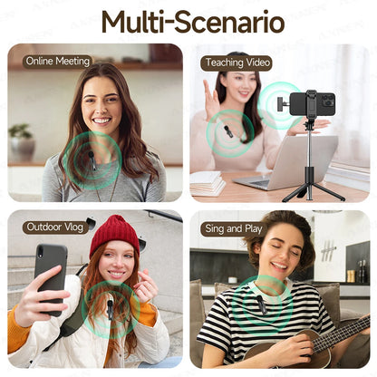 2-in-1 Wireless Lavalier Microphone for iPhone Android, Mini Pro Lapel Mic with Noise Reduction & Pickup for Vlog Live Recording