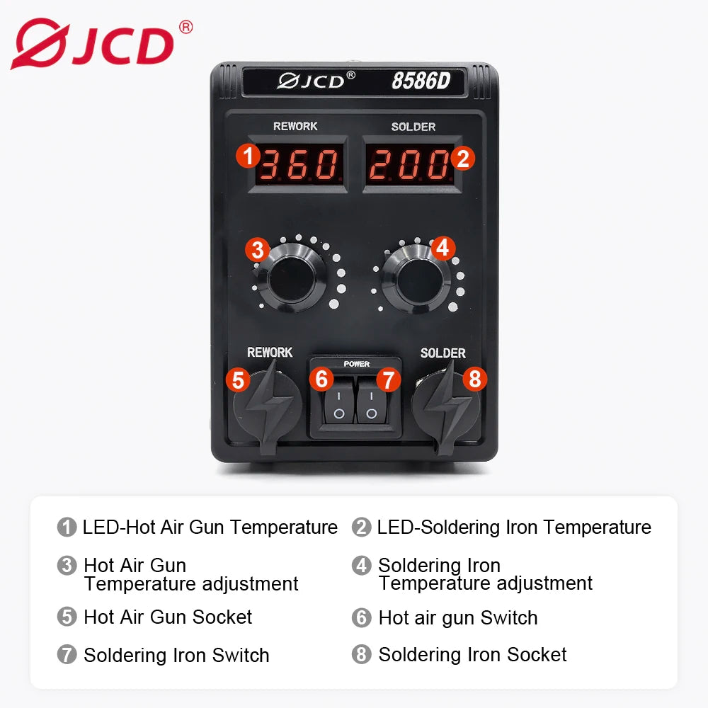 JCD 750W 8586D Soldering Station 2 IN 1 Hot Air Gun LCD Dual Digital Display Electric Soldering Iron SMD Welding Rework Station