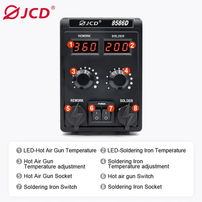 JCD 750W 8586D Soldering Station 2 IN 1 Hot Air Gun LCD Dual Digital Display Electric Soldering Iron SMD Welding Rework Station