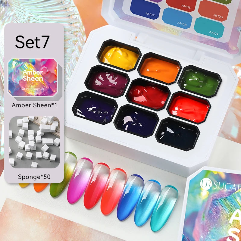 UR SUGAR 9 Colors Gradient Painting Gel Palette with 50pcs Mini Sponge Set French Ombre Gel Nail Polish for Pigmented Manicure
