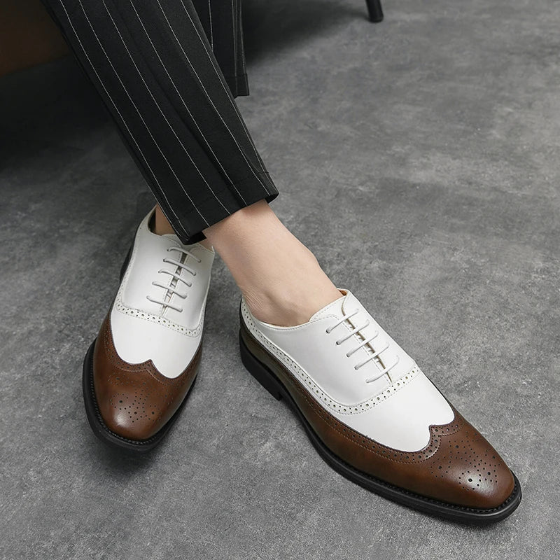 Men Wingtip Detail Dress Shoes, Business Two Tone Oxford Shoes For Wedding party