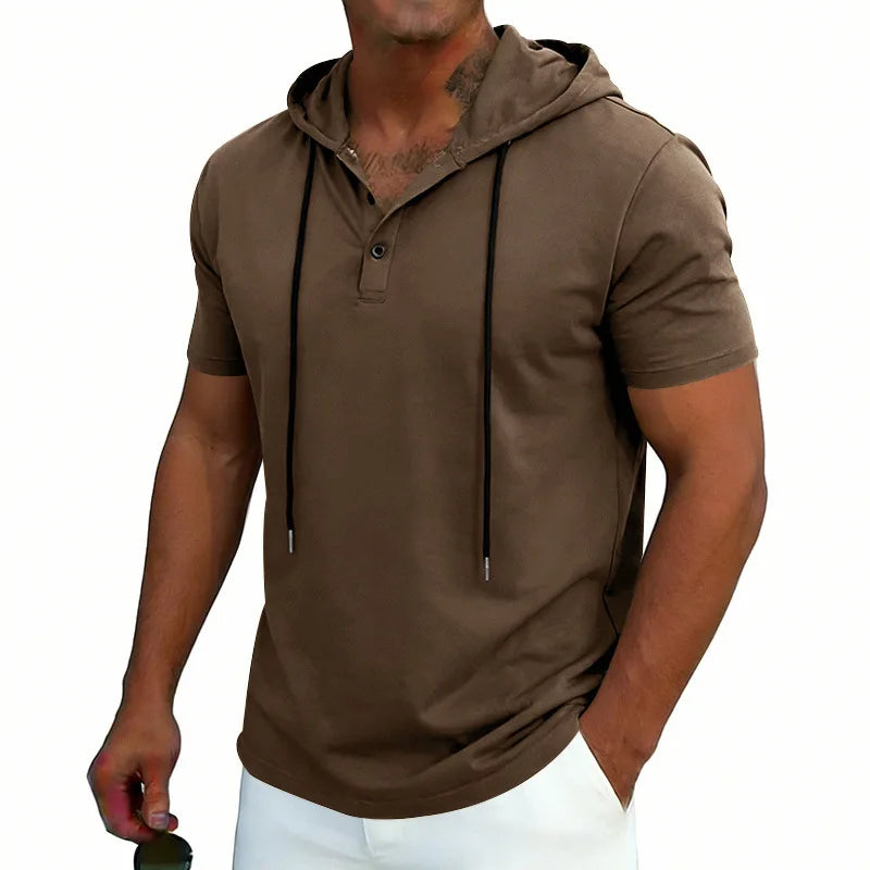 Summer Men's Short Sleeve Hooded T-Shirt Henry Neckline Drawstring Design Casual Loose Breathable Sporty Vest