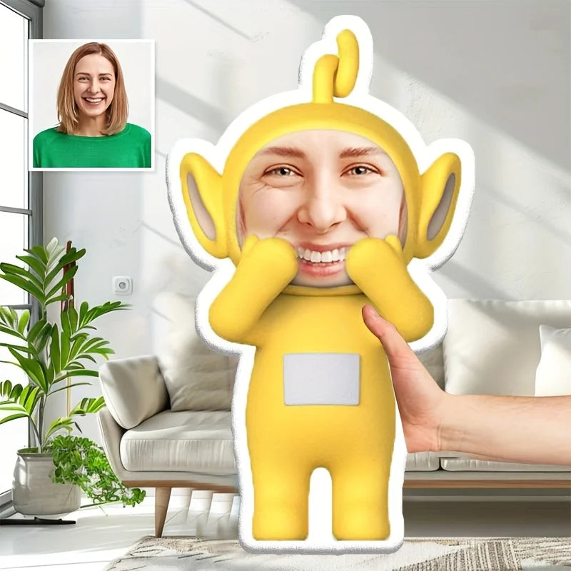 Customizable plush cartoon doll pillow with personal photo facial design, happy yellow characters, expressive eyes and smiling