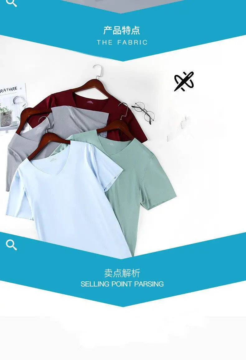 M-5XL Men's Ice Silk T-Shirt V-neck Quick Dry Seamless Short Sleeve Shirt Summer Male Casual Thin Solid Color Tees Undershirt