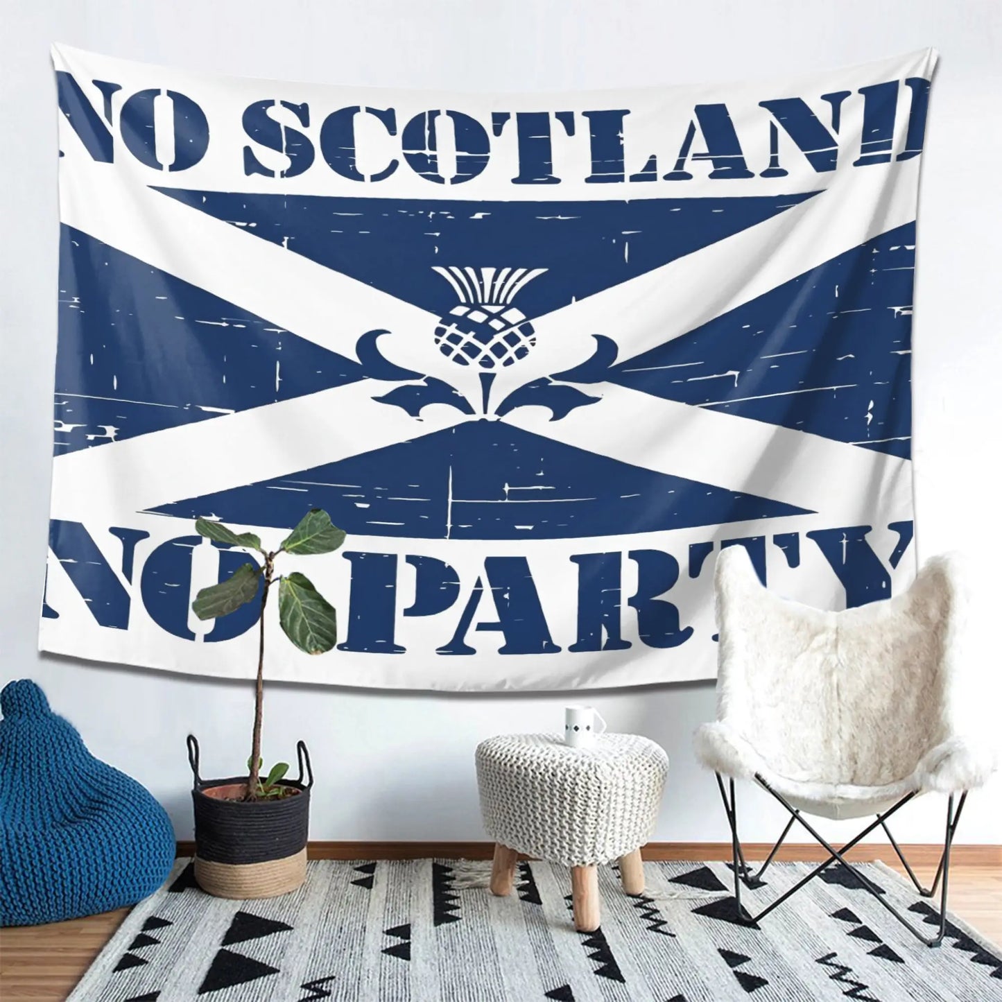 VIKAMA “No Scotland, No Party” Tapestry, Wall Hanging Featuring the Scottish St. Andrew’s Cross and Thistle Motif, Home Decor
