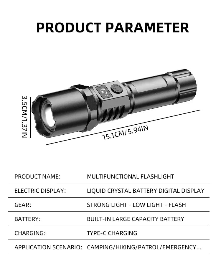 10000LM High Power LED Flashlight Long-range USB C Rechargeable Flashlight Power Display Zoom Lantern For Outdoor Camping Torch