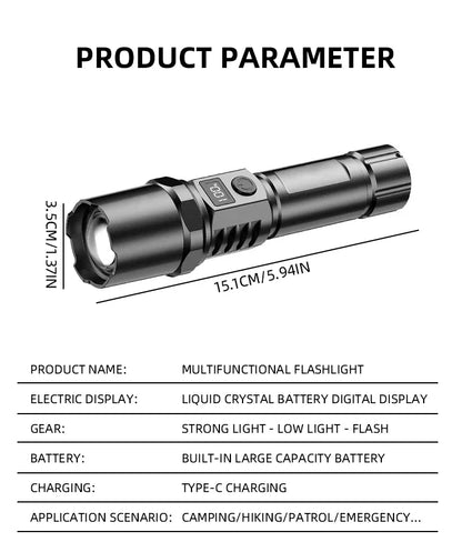 10000LM High Power LED Flashlight Long-range USB C Rechargeable Flashlight Power Display Zoom Lantern For Outdoor Camping Torch