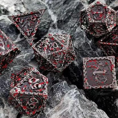 7 Pcs Cosplay D4-D20 DND Brass Gold Polyhedral Sharp Edge Casino Dice Rpg Table Board Game Tray Gem Stone Dragon Metal Steel Set