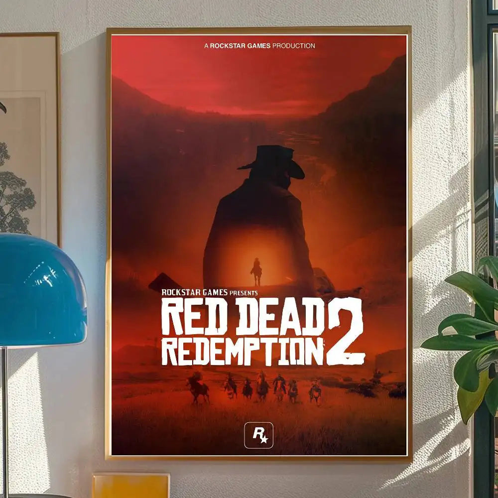 Red Dead Redemption 2 Game Poster Self-adhesive Art Room Entrance Restaurant Wall Decor Art Painting