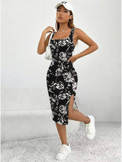 Women's Summer Casual Elegant Comfortable Square Neck Geometric Pattern Floral Pattern Slit Dress Mid Length Skirt