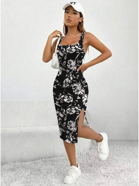 Women's Summer Casual Elegant Comfortable Square Neck Geometric Pattern Floral Pattern Slit Dress Mid Length Skirt