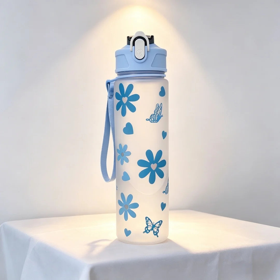 Water Bottle with Full Print of Flowers and Bowknot Patterns, Trendy & Stylish, Lightweight with Portable Lanyard, Durable