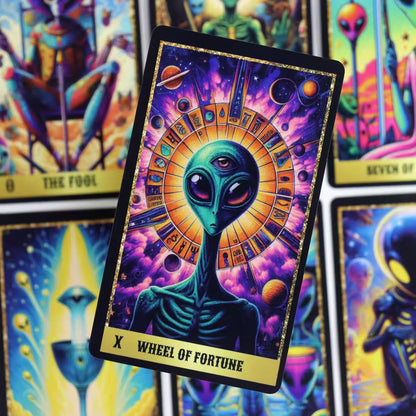 Alien Tarot Deck 78 Cards, Psychedelic Space Themed Tarot Cards, Fortune Telling, Collectible Gift for UFO & Alien Enthusiasts