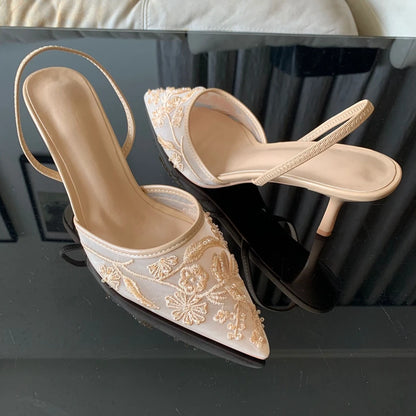 Brand Designer Mesh Embroidered White Women's High Heels Flower Straps Sexy Bareback High Heels Dress Women's Wedding Shoes