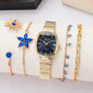 Elegant Blue Gem Gold Watch & Jewelry Set - Oval Navy Dial Quartz Watch, Starflower & Teardrop Crystal Bracelets, Sunburst & Rou