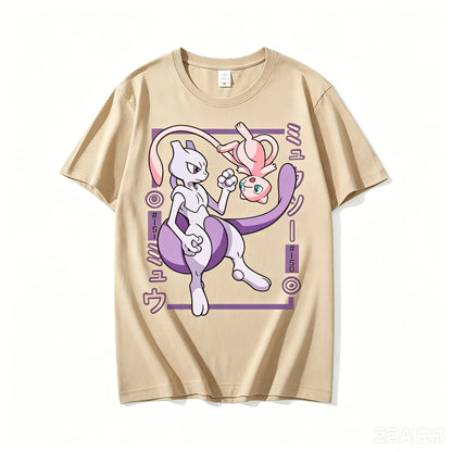 Pokémon Mewtwo Mew Printed Pure Cotton T-shirt for Men and Women Spring/Summer New Collection Fashion Short Sleeved Shirt