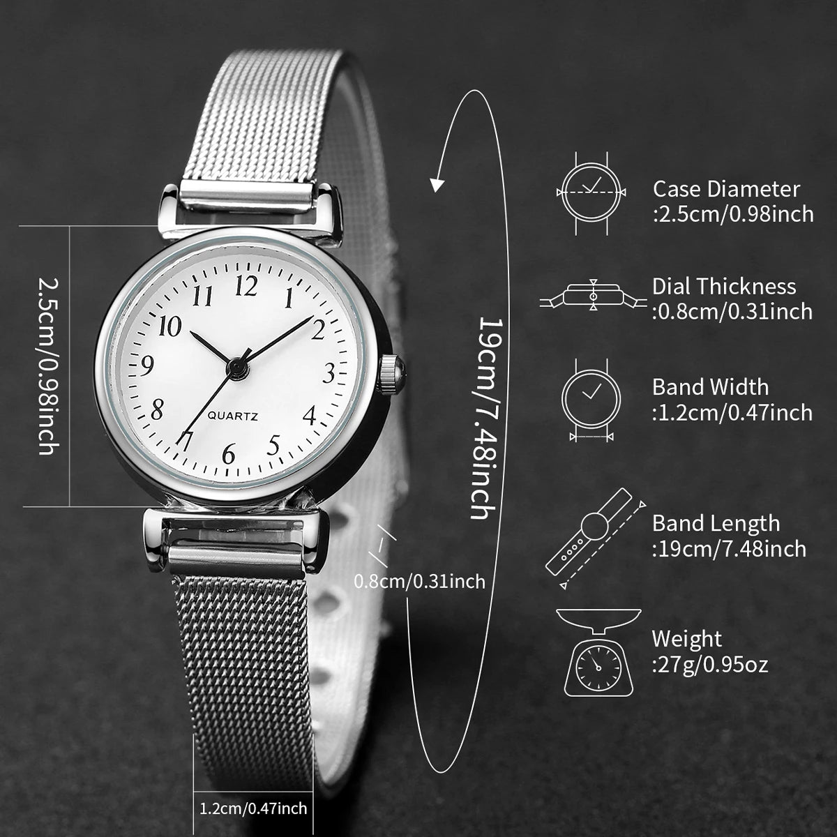 6PCS Fashion Women Watches Small Arabic Dial Quartz Watch Ladies Silver Mesh Band Wristwatches Jewelry Reloj Mujer（Without Box）