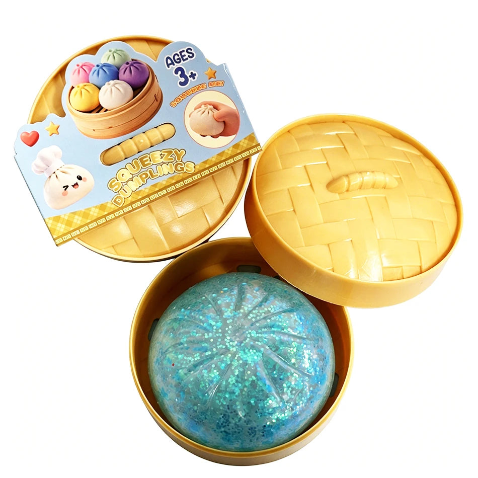 Colorful Dumpling Squishes Stress Balls Fidget Sensory Toys Simulation Food Squishies Bun with Steamer Squeeze Dough Ball Gifts