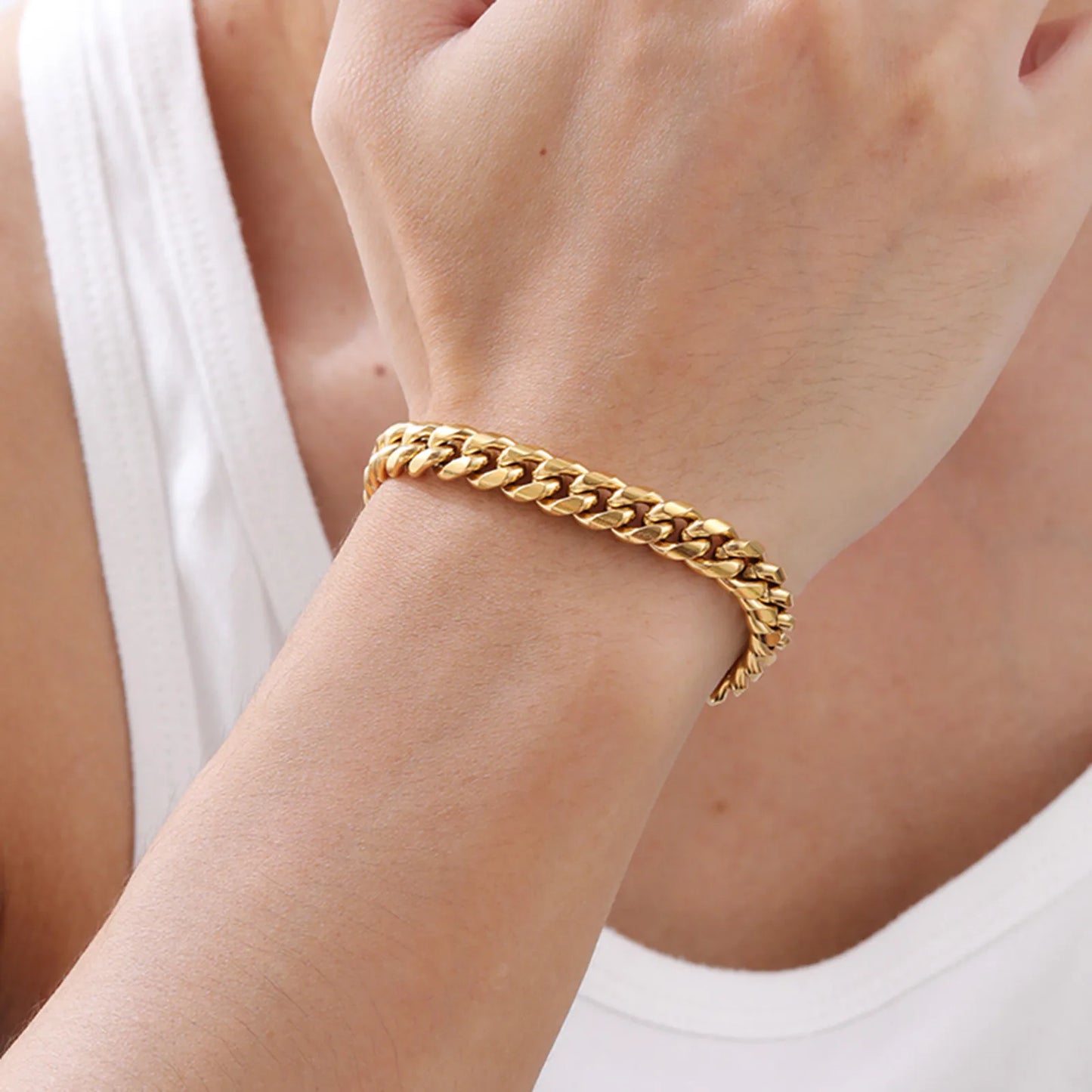 Gold Color Cuban Chain Bracelets for Men,6/8/10/12MM Stainless Steel Chain Link Wristband,Casual Hip Hop Male Jewelry Gift