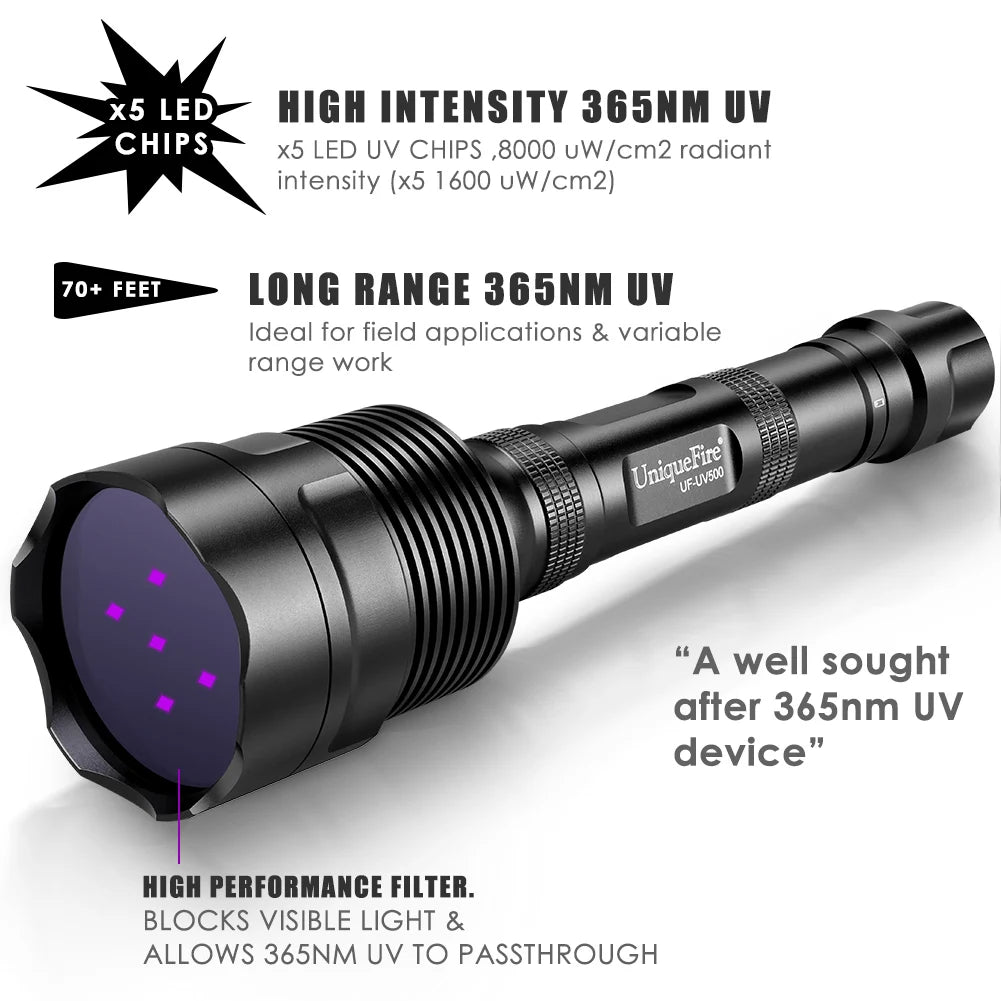 UniqueFire 50W UV500 365NM Black Light LED Flashlight High Power and Long Range Grade Beam Best for Professional/Commercial Use
