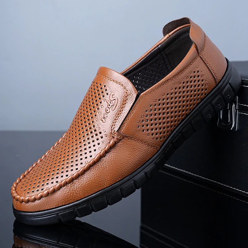 Men's Slip-On Loafers Summer Hollow Out Breathable Casual Shoes Comfortable Soft Sole Anti-Slip Leather Shoes-8822
