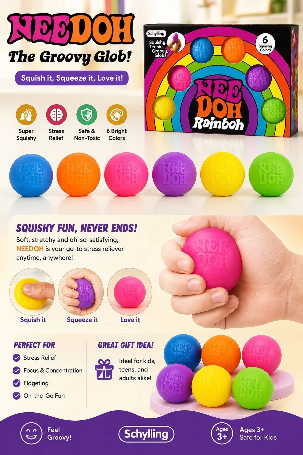 Needoh New Rainbow Teenie Stress Ball Fidget Stress Relief Blind Box Surprises Anti-stress Sensory Squeeze Party Squishy Toys