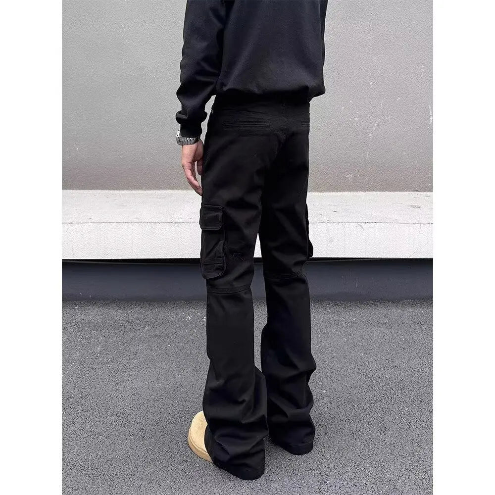 American style Vibe retro heavy industry multi pocket splicing workwear jeans men's straight tube micro flared slim fit long pan