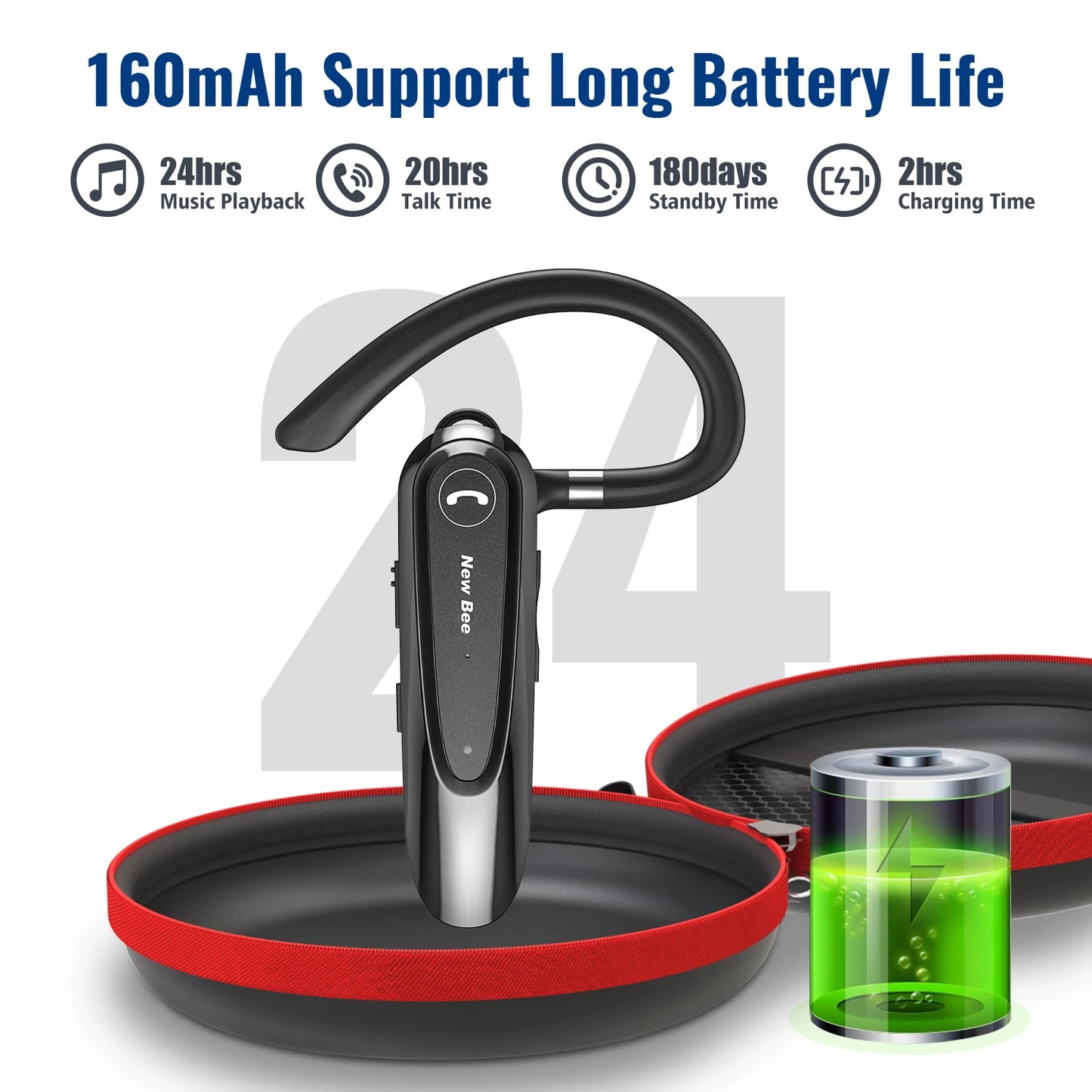 New Bee B45 Bluetooth 5.0 Headset Wireless Earphone Headphones with Dual Mic Earbuds Earpiece CVC8.0 Noise Reduction for Driving