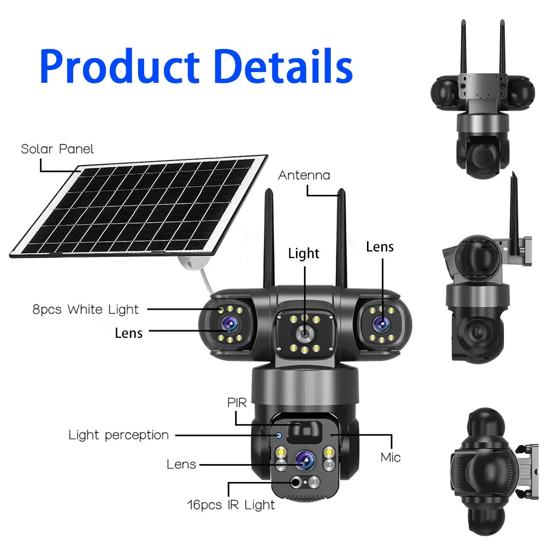 15MP IP Camera WiFi PTZ Three Camera Outdoor Wireless Solar 20000Mah Built-in Battery Video Surveillance Cam Long Time Standby