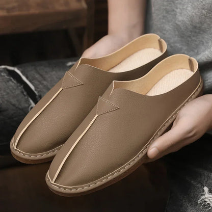 Fashion Leather Men Casual Shoes Slip on Man Loafers Breathable Soft Half Slippers Summer Flats Lightweight Lazy Driving Shoes